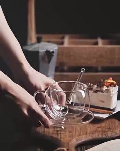 150/300ml Double Wall Glass Coffee Cup with Saucers and Spoon Heat Resistant Espresso Cups With Handle Mug Drinkware Milk Teacup