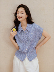 INMAN | Retro Blue Plaid Embroidered Shoulder Seam Shirt