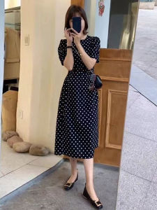 Black Polka Dot Chiffon Dress Womens Summer Fashion Slimming Gown Vintage Print High Waist A-Line Skirt Short Sleeve Long Dress