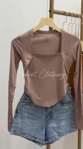 Atasan Square Neck Long Sleeve Wanita / Crop Top Lengan Panjang Polos Wanita / Crop Top Oval Lengan Panjang 6045
