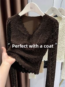 Dark Brown Lace V-Neck Thermal Underwear Top