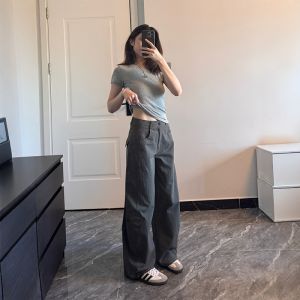 Retro Military Green Curved Blade High Waist Straight Leg Wide Leg Pants Casual Floor Length Trousers for Women Spring Autumn New Style