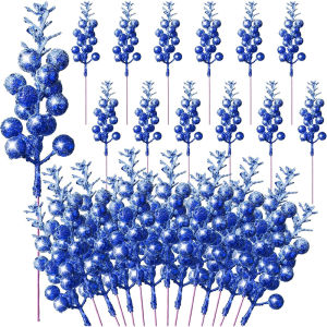 19cm Christmas Blue Glitter Berry Stems Artificial Foam Berry Snow Covered Berry for Christmas Tree Decoration DIY Xmas Crafts