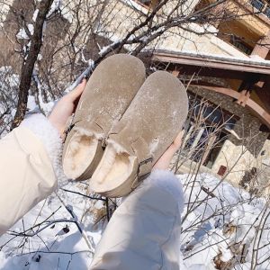 Cowhide Version ~ Sanxi Same Style Birkenstock Fleece-Lined Fluffy Shoes Womens Fall and Winter Big Cotton Shoes Snow Boots Thick Sole Birkenstock Shoes