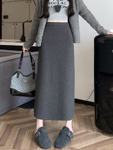 Thickened Grey Woolen Suit Skirt Womens Autumn Winter Casual High Waist Slimming Asymmetrical A-Line Long Skirt