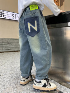 Spring Summer Autumn Kids Jeans Casual Thin Straight Leg Trousers for Boys Comfortable Non-Fleece Mixed Fabric Mid-Waist