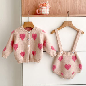 Autumn Infant Baby Girls Knit Sets Long Sleeve Loving Heart Coat+Rompers Clothing Sets Spring Kids Girls Suit Clothes 0-2Yrs