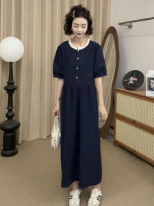 Fashionable Large Size Womens French Hepburn Style Color Block Doll Dress Slimming Pleated High Waist Lantern Sleeve Long Skirt