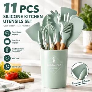 12Pcs Silicone Kitchen Utensil Set Wooden Handle Cooking Tools Kit Non Stick Spatula Spoon Oil Brush Scraper Egg Beater Cookware