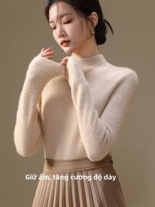 MiiOW | Áo len dệt kim lót lông cừu dày cho nữ mùa thu đông cổ cao tay dài dáng rộng thoải mái mặc trong