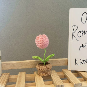 1PC DIY Hand Woven Crochet Mini Potted Tulips & Sunflowers Decorative Accessory for Office And Automotive Interior