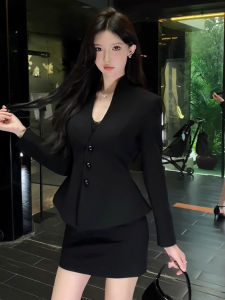Black High Waist A-Line Skirt Suit Womens Slim Fit Suit Jacket And Skirt Set Korean Style Commute Long Sleeve V-Neck Dress