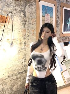 American Spicy White Long Sleeve Slim Fit T-shirt Womens Street Style Creative Print Inner Wear Cool Sweet Top