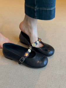 Goatskin Version ~ round Head Metal Buckle with Mary Jane Shoes Female Flats Ballet Slipper Retro All-Matching Flat Shoes