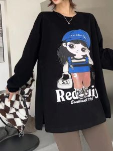 แฟชั่นการ์ตูนพิมพ์กระเป๋าซิปเสื้อยืดผู้หญิงแขนยาวกว้างหลวมสไตล์ฤดูใบไม้ร่วงสบายๆเสื้อผ้าผ้าฝ้ายวัสดุ