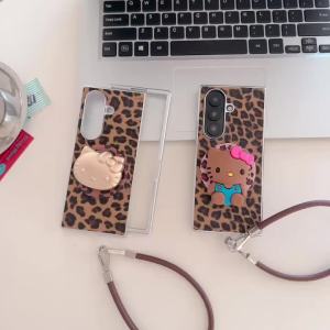 Sanrio | Ốp Điện Thoại Từ Tính HELLO KITTY & Leopard Dành Cho Samsung Galaxy Z Fold Series Có Dây Đeo Chống Sốc Chống Xước Hai Lớp Chất Liệu Da PU