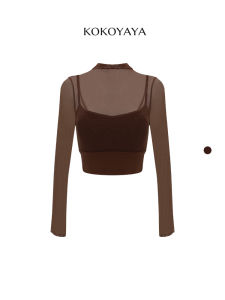 Kokoyaya Womens Fitness Clothing Long Sleeve Tight Top with Chest Pad Yoga Wear Mesh Splice Fake Two-Piece Breathable Moisture-Wicking Antibacterial Running Gym Workout Sportswear