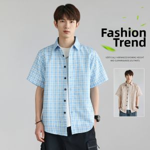 BALENO | Stylish Plaid Shirt Short Sleeve Turn-Down Collar Casual Slim Fit