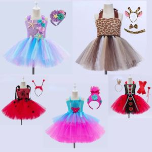 Girls Pastel Ariel Mermaid Tutu Dress The Sea Theme Party Costume with Flower Headband Ocean Flower Purple Birthday Dress