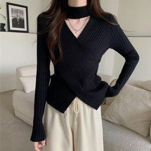 เสื้อชั้นในถักคอวีสไตล์เกาหลีสำหรับผู้หญิง ฤดูใบไม้ร่วง/ฤดูหนาว เสื้อชั้นในสั้นแบบไม่สมมาตร ดีไซน์เส้นใยขนสัตว์แบบมีโครงสร้าง ทรงหลวม เสื้อชั้นในผู้หญิง