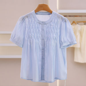 Pleated Design Short Sleeve Single Button Shirt