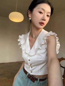 French Style V-Neck Ruffle Sleeveless Slim Fit Short Shirt Womens Summer New Sweet Style Top Button Closure Polyester Blend
