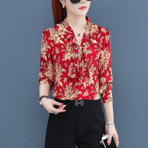 Autumn Long Sleeve Printed Floral Shirt Ladies Korean Tie Chiffon Shirt Women Casual Blouse