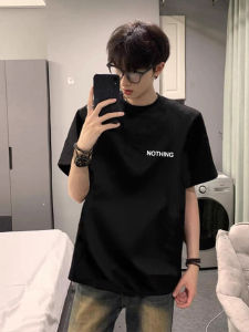 สีดำ เสื้อยืดแขนสั้นเฮฟวี่เวทเพียว ผ้าฝ้าย สำหรับผู้ชาย หลวม พรางหุ่น ฤดูร้อน อเมริกัน สไตล์เรโทร ลำลอง สวมใส่สบาย เสื้อท่อนบน