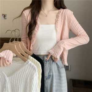 Pink Lace V-neck Ice Silk Sun Protection Knit Cardigan Womens Spring and Summer Thin Stylish Niche Style Slim-Fit Crop-Top