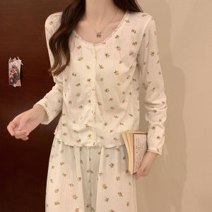 Pure ผ้าฝ้าย ชุดนอน ผู้หญิง แขนยาวชิ้นเดียว เซ็กซี่ ชุดทูพีซวางถั่ว ฤดูใบไม้ผลิ ฤดูใบไม้ร่วง สินค้าใหม่ หวาน เสื้อผ้าสไตล์บ้าน