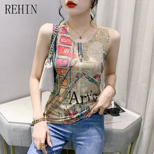 REHIN Womens T-shirt Sleeveless Knit Vest with Breathable Skin-Friendly Fabric and Unique Print Pattern Slim fit S-3XL PLUS size for Summer Fashion Tops