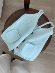 สีฟ้าอ่อน คอวี ถัก เสื้อกั๊ก ผู้หญิง เสื้อแจ๊กเก็ตแฟชั่น ฤดูร้อน ฤดูใบไม้ร่วง ตามฤดูกาล ระบายอากาศได้ดี สีทึบดูดซับเหงื่อ เสื้อสเวตเตอร์