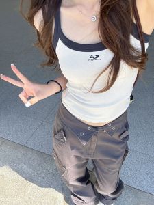 AXKG American-Style White Letter Print Sling Vest for Women Spring Season Slim Fit Outside Clothing Beautiful Back Design INS