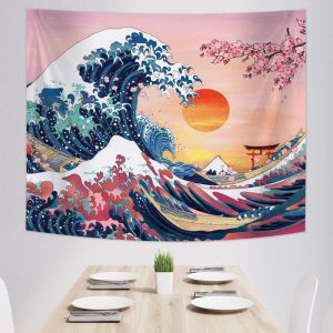 Hoa Anh Đào Làn Sóng Lớn Tường Thảm Nghệ Thuật Nhật Bản In Hình Thẩm Mỹ Trang Trí Nhà Cho Phòng Khách Phòng Ngủ Ký Túc Xá Polyester Không Dệt