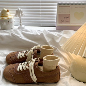 รองเท้าผ้าใบลำลองสำหรับผู้หญิง ทรงกลม ส้นแบน หนังวัวสองชั้น ยางกันลื่น สวมใส่สบาย ฤดูร้อน 2025 รองเท้าผ้าใบสไตล์อเมริกันย้อนยุค