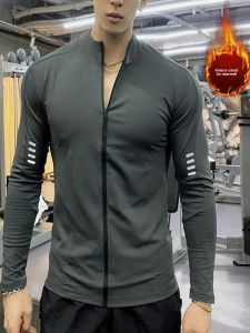 Mens Long Sleeve Warm-Up Training Jacket Fleece Quick Drying Elastic