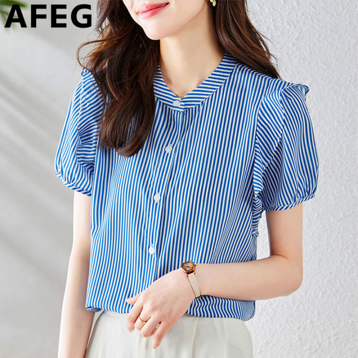 AFEG เสื้อเบลาส์แขนสั้นผ้าชีฟองลายทางทรงหลวมสำหรับผู้หญิงคอตั้งฉบับภาษา ...