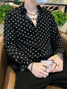 เสื้อเชิ้ตผู้ชายผ้าชีฟองดูแพงแนวลำลองสไตล์เกาหลีไม่ต้องรีดเสื้อเชิ้ตแขนยาวสีดำและสีขาวลายจุดแนวเท่ๆยอดนิยมสไตล์ INS