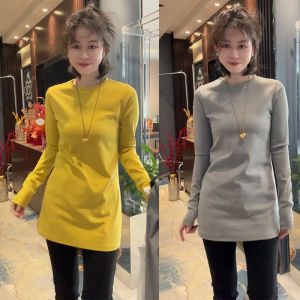Fashionable Versatile Womens round Neck Long Sleeve T-shirt Mid-Length Base Layer Top Casual Style Spring Season Wear