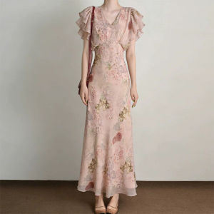 DANTING | Floral Ruffled Sleeve Dress V-Neck Mid-Length