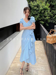 Slimming Effect V-Neck Short Sleeve Pleated Hem Dress Korean Style High Waist Belted Summer New Arrival Womens Fashion Dress