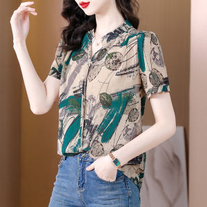 Ladies Chiffon Shirt Spring Autumn Summer New Style plus Size Fashionable Top Elegance Short Sleeve Blouse Korean Version Loose Fit Print Decoration