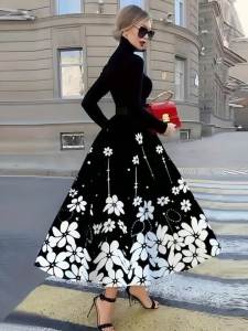 Printed Design Four Seasons Black Background White Flower Vacation Style Half Skirt