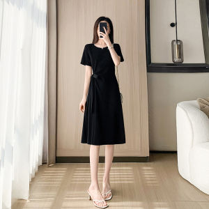 French Style Black A-Line Dress Women Summer 2025 New Slimming Waist High Waist Polyester Fiber Short Sleeve Midi Dress
