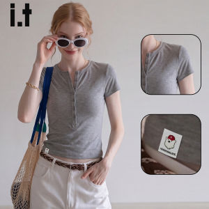 Slimming Simple Short Petite Rejuvenating Korean Style Henley Collar T-shirt
