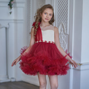 Girls Red & White Tutu Dress – Sleeveless Lace Mesh Princess Dress Fluffy Cake Skirt with Big Bow Ideal for Birthday Parties & Special Occasions  Kids Wear for 3-10Y
