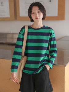 Pure Cotton Inner Bottoming Shirt Loose Large T-shirt Hip-Covering Tops Mid Length Long Length Green Stripes Long Sleeves T-Shirt Women