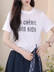 Shalldoer | Áo thun nữ tay ngắn mùa hè mỏng thường ngày đa năng thiết kế thắt nơ in chữ màu trắng phong cách mới 2025 Áo thun cotton thường ngày