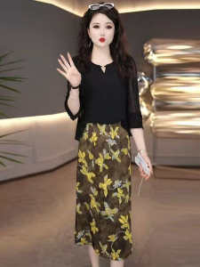 ชุดเดรสยาวปานกลางทรงเอผ้าชีฟองแขนสั้น 7 ชิ้น ทรงเข้ารูป ทรงไม่สมมาตร สำหรับคุณแม่ ชุดฤดูร้อน ชุดกระโปรงผ้าตาข่าย