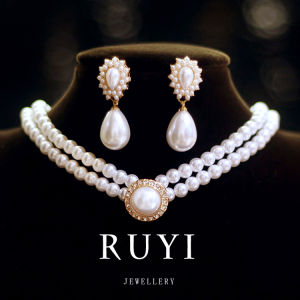 New Arrival Retro Double-Layer Pearl Necklace Elegance Choker Clavicle Chain Earrings Suit Bridal Wedding Dress Accessories